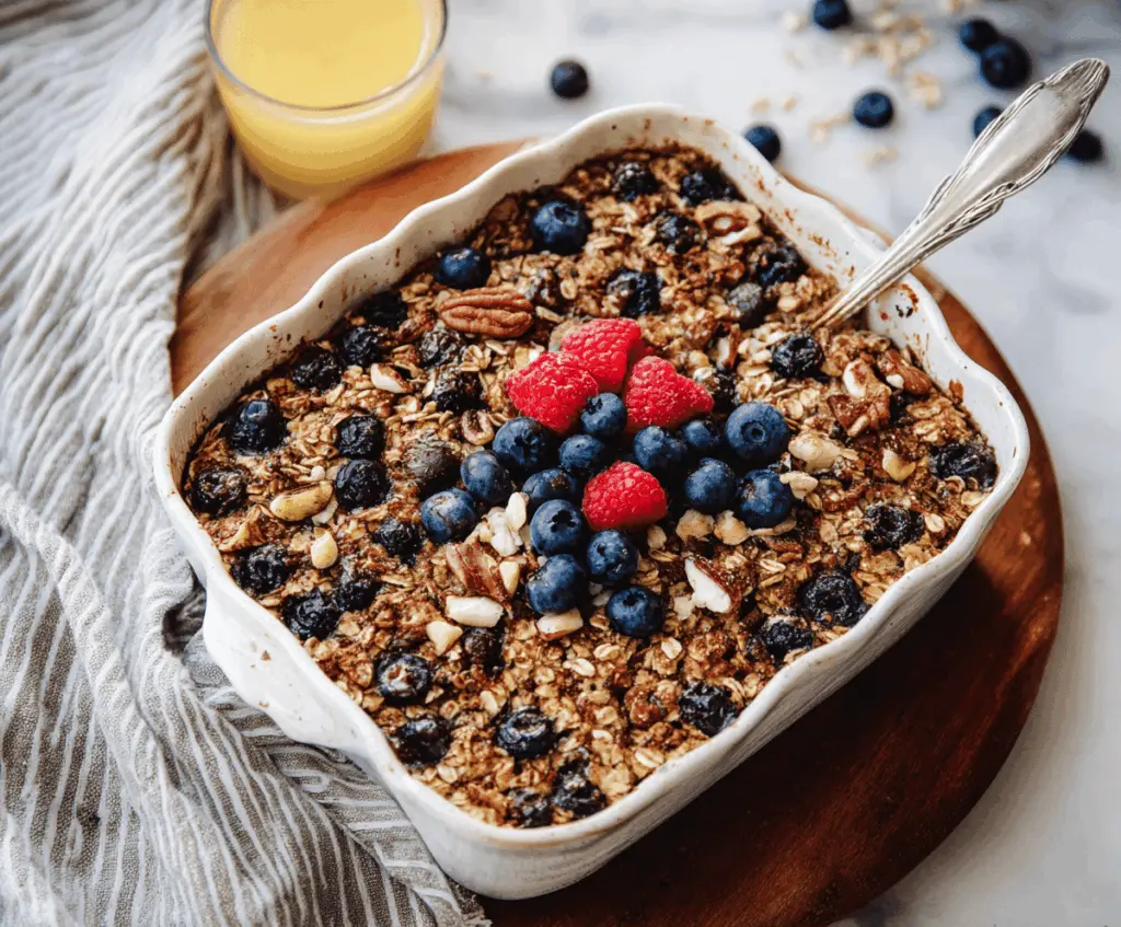 Delicious baked breakfast oatmeal with fresh berries and a golden crust, perfect for a healthy morning meal.