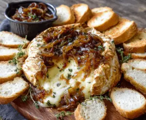 Delicious baked Brie cheese topped with sweet caramelized onions, perfect for appetizer or party platter.