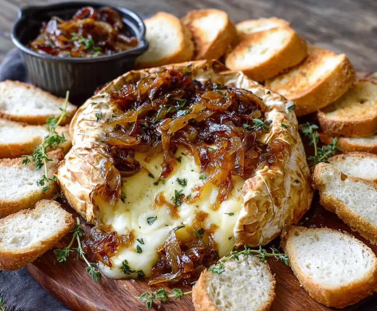 Delicious baked Brie cheese topped with sweet caramelized onions, perfect for appetizer or party platter.
