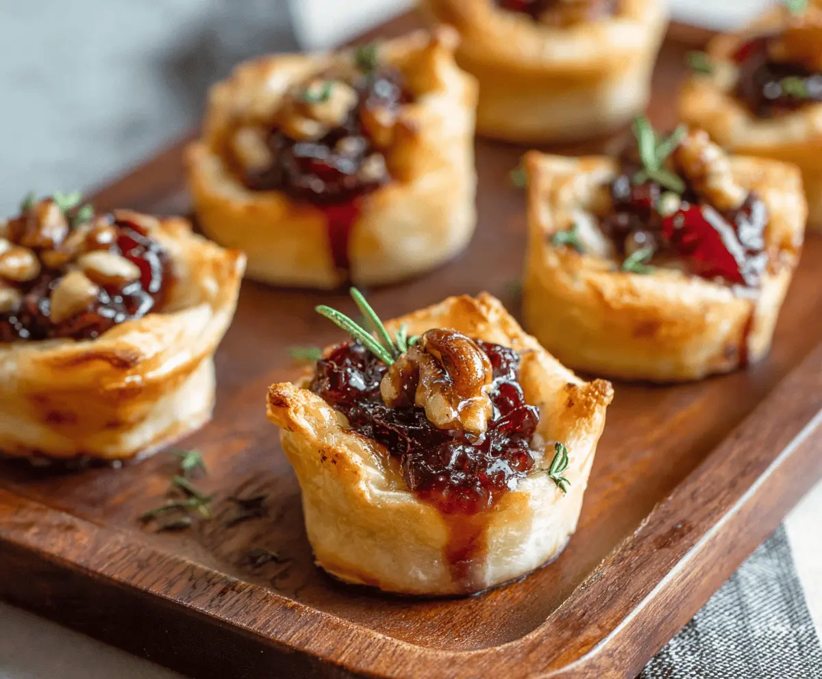 Delicious baked cranberry Brie bites on a platter, showcasing a savory appetizer with melted cheese and fresh cranberries.