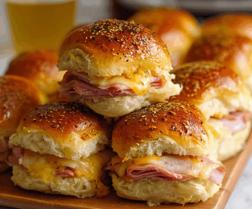 Delicious baked ham and cheese sliders served fresh out of the oven, perfect for any snack or meal.