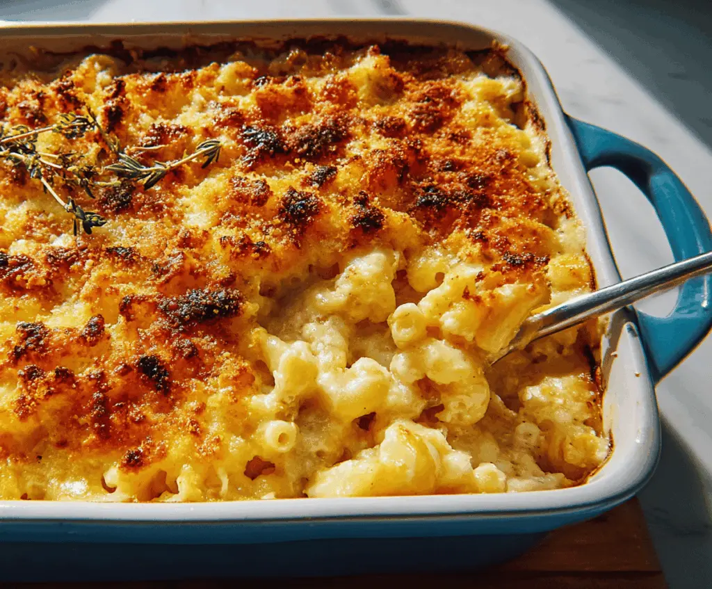Creamy baked mac and cheese topped with golden cheese crust and served in a baking dish