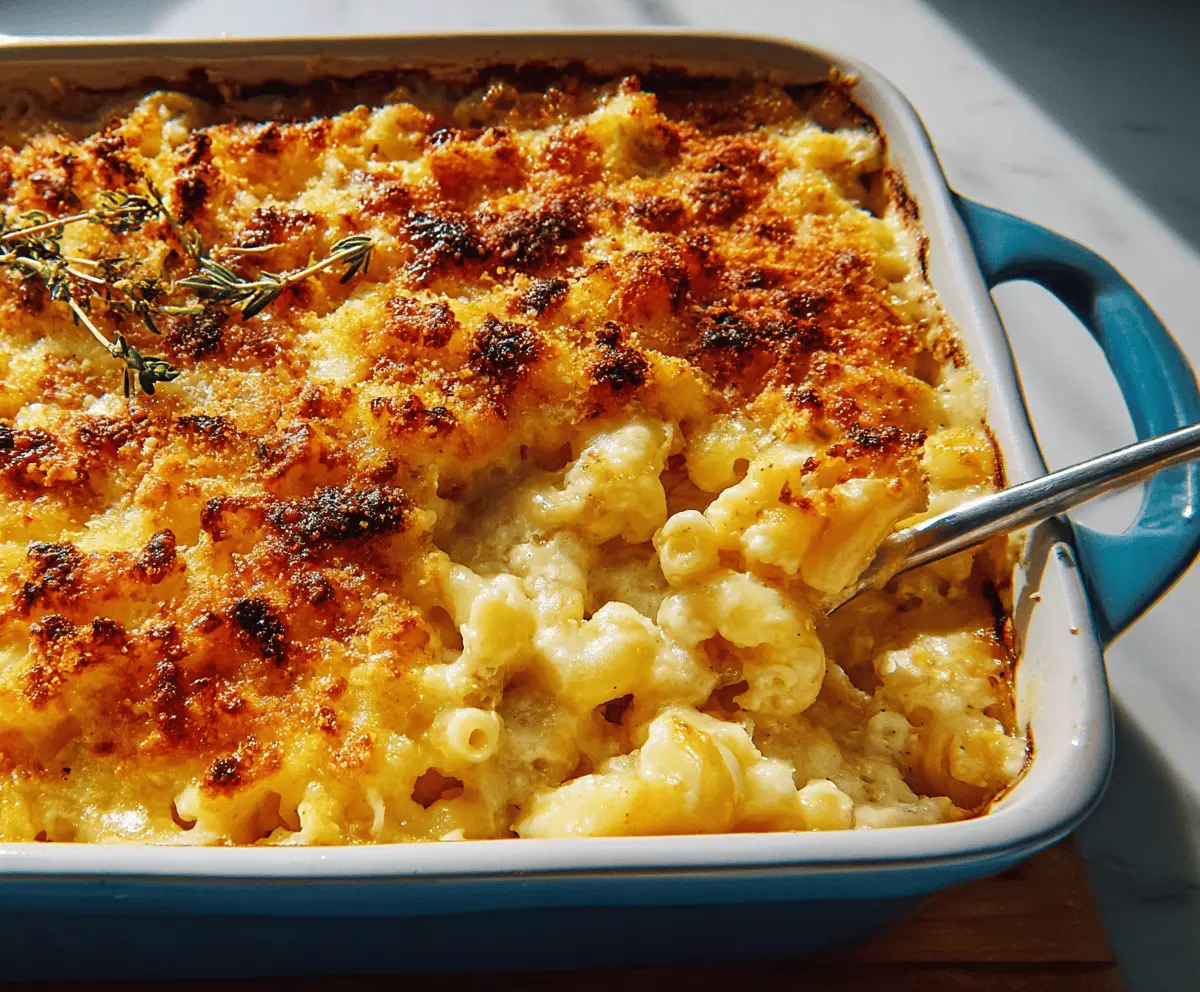 Creamy baked mac and cheese topped with golden cheese crust and served in a baking dish