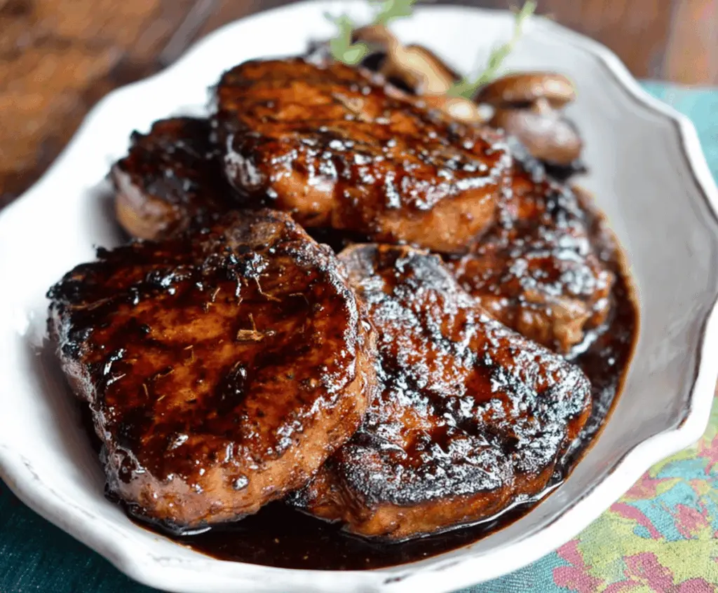Juicy pork chops glazed with balsamic reduction served on a plate with herbs.