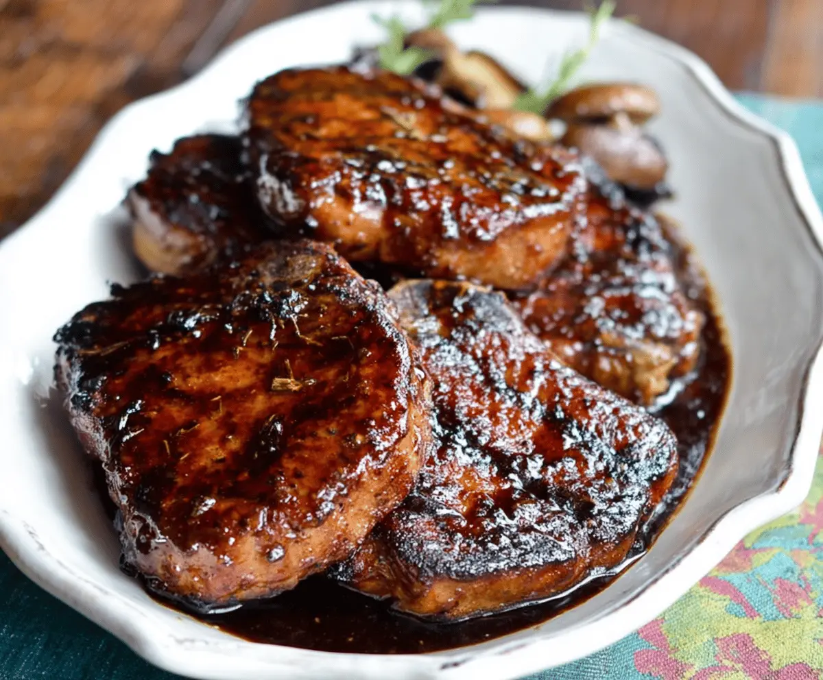 Juicy pork chops glazed with balsamic reduction served on a plate with herbs.
