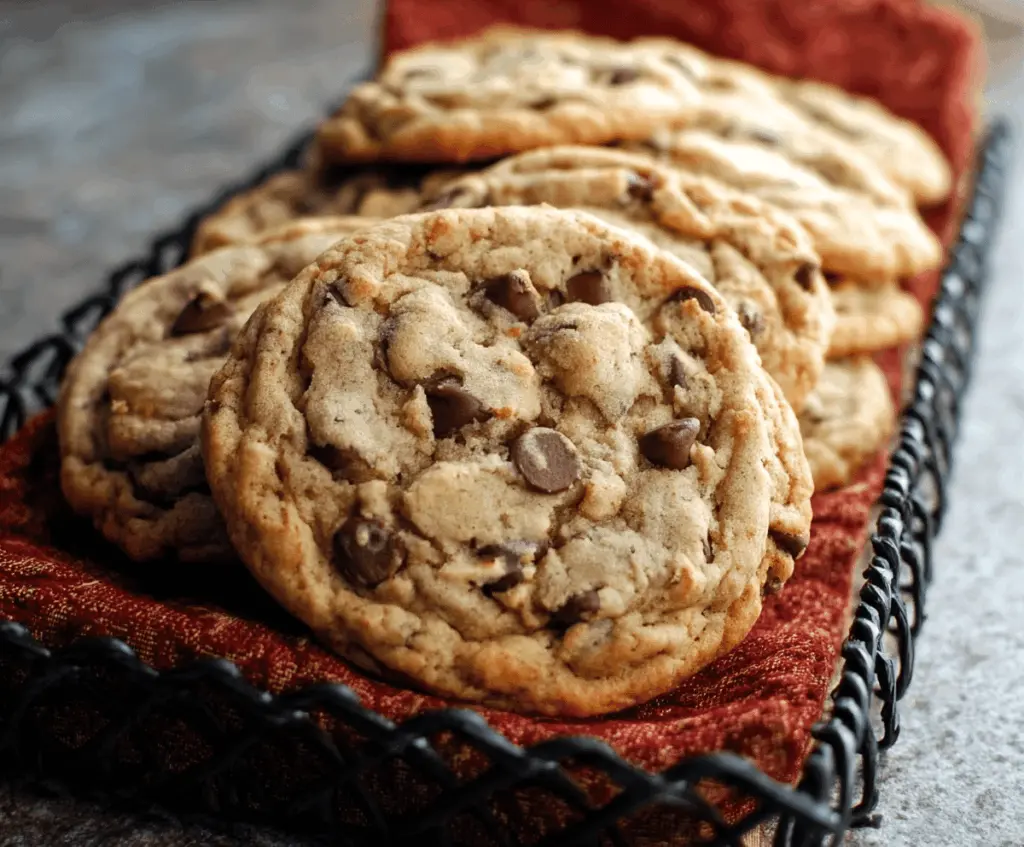 Delicious freshly baked chocolate chip cookies on a baking tray, perfect for sharing or enjoying with a glass of milk.