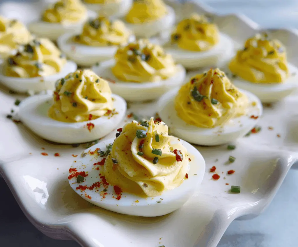 Delicious Boursin deviled eggs garnished with herbs on a serving plate.