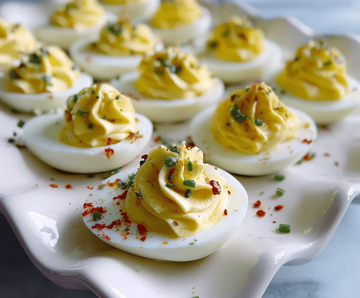 Delicious Boursin deviled eggs garnished with herbs on a serving plate.