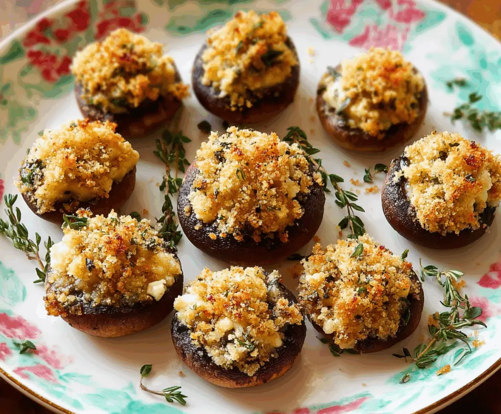 Delicious baked Brie stuffed mushrooms garnished with fresh herbs for an appetizing appetizer.