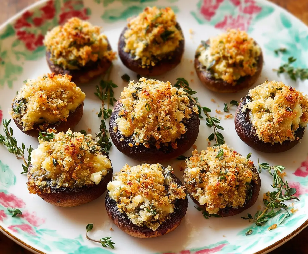 Delicious baked Brie stuffed mushrooms garnished with fresh herbs for an appetizing appetizer.