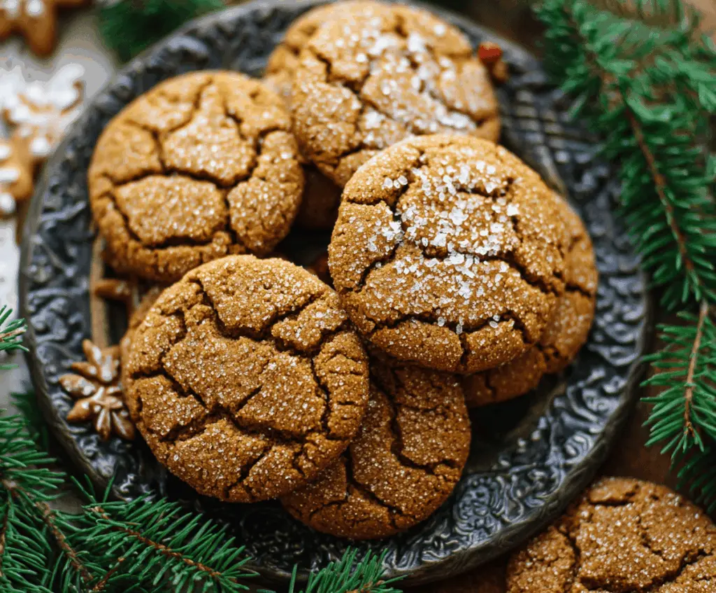 Delicious homemade brown butter gingerbread cookies on a festive plate, perfect for the holidays.
