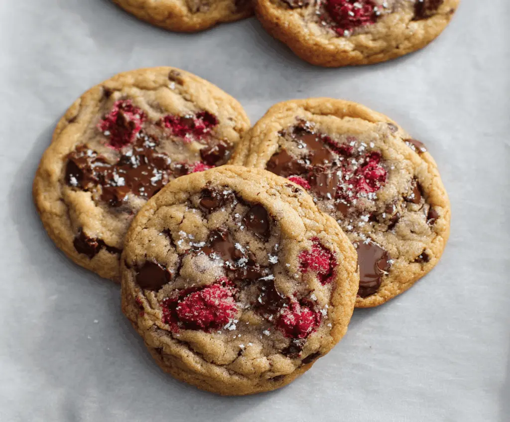 Delicious homemade brown butter raspberry chocolate chip cookies on a baking sheet