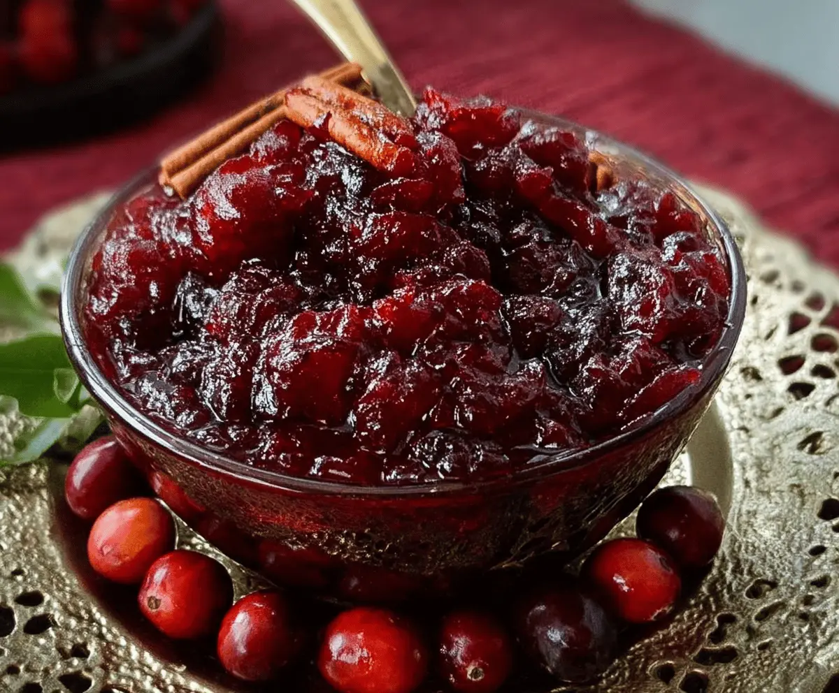 Homemade brown sugar maple cranberry sauce in a bowl, perfect for holiday dinners.