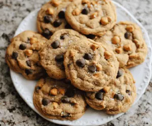 Delicious homemade butterscotch chocolate chip cookies on a baking tray, golden brown and ready to enjoy.