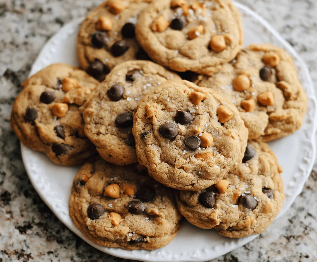 Delicious homemade butterscotch chocolate chip cookies on a baking tray, golden brown and ready to enjoy.
