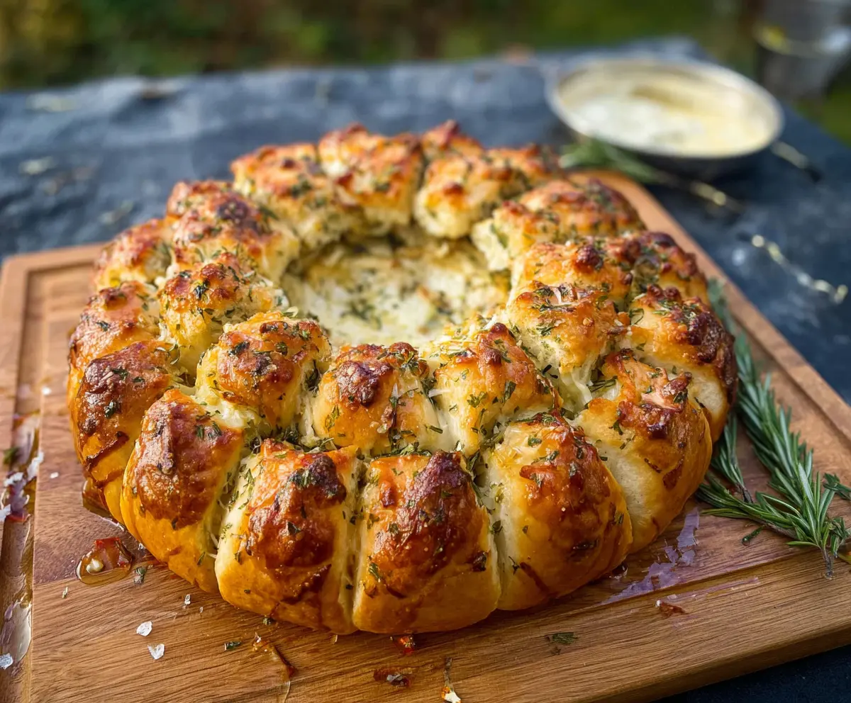Decorative Camembert Pull-Apart Wreath with melted cheese and fresh herbs on a festive wooden platter.