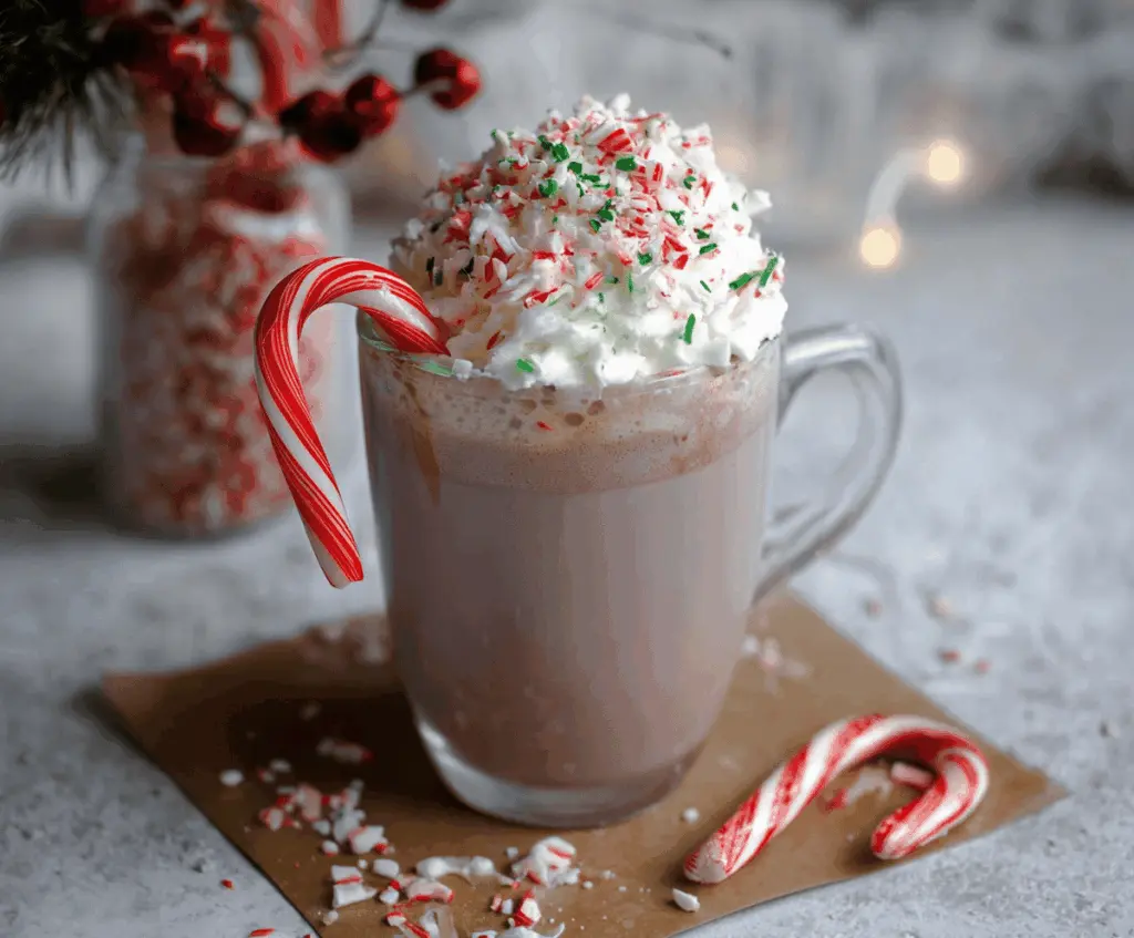 Creamy Candy Cane Hot Chocolate in a festive mug topped with whipped cream and crushed candy canes.
