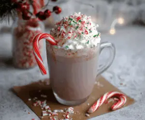 Creamy Candy Cane Hot Chocolate in a festive mug topped with whipped cream and crushed candy canes.