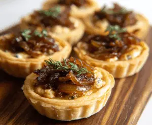 Delicious caramelized onion tartlets with golden crust and savory filling, perfect appetizer for parties.