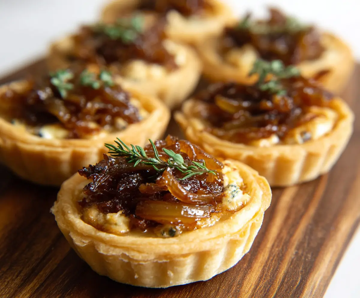 Delicious caramelized onion tartlets with golden crust and savory filling, perfect appetizer for parties.