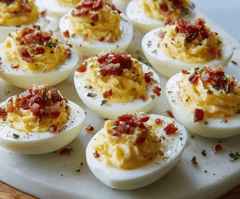 Delicious Carbonara Deviled Eggs garnished with herbs on a white plate.