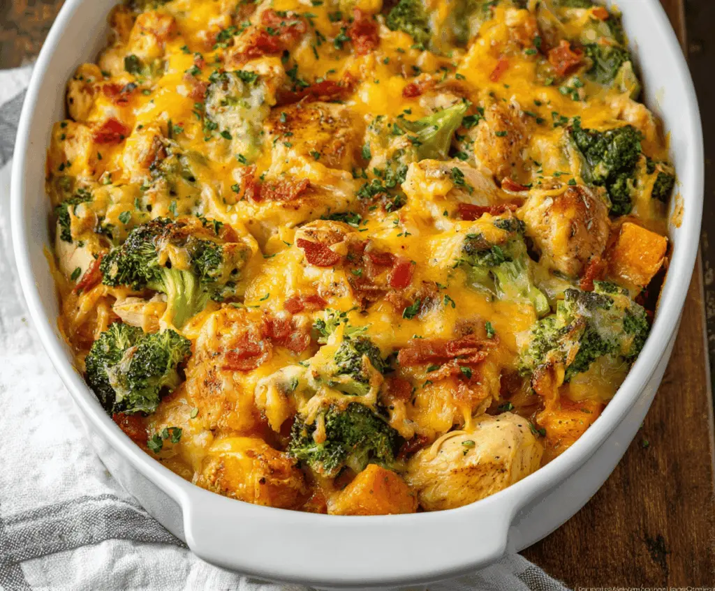 Delicious cheesy chicken, sweet potato, and broccoli casserole in a baking dish.