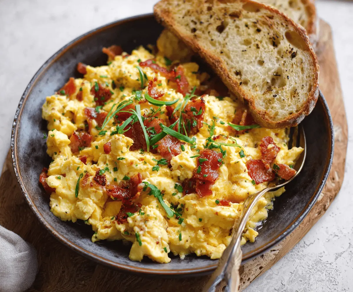 Delicious cheesy scrambled eggs with crispy bacon on a breakfast plate.