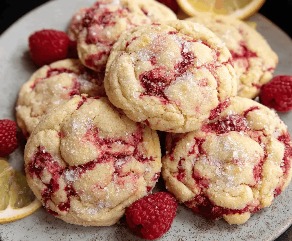 Delicious chewy lemon raspberry cookies fresh out of the oven with vibrant red raspberries and zesty lemon flavor.