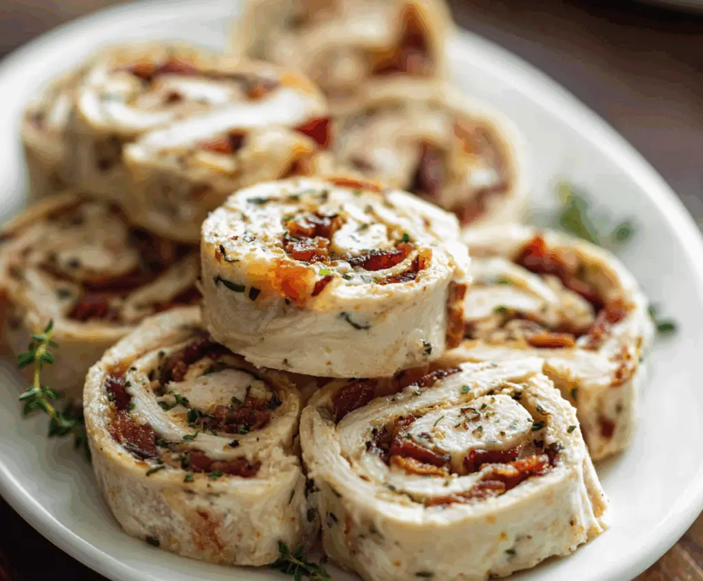 Delicious Chicken Bacon Ranch Pinwheels sliced for serving on a plate.