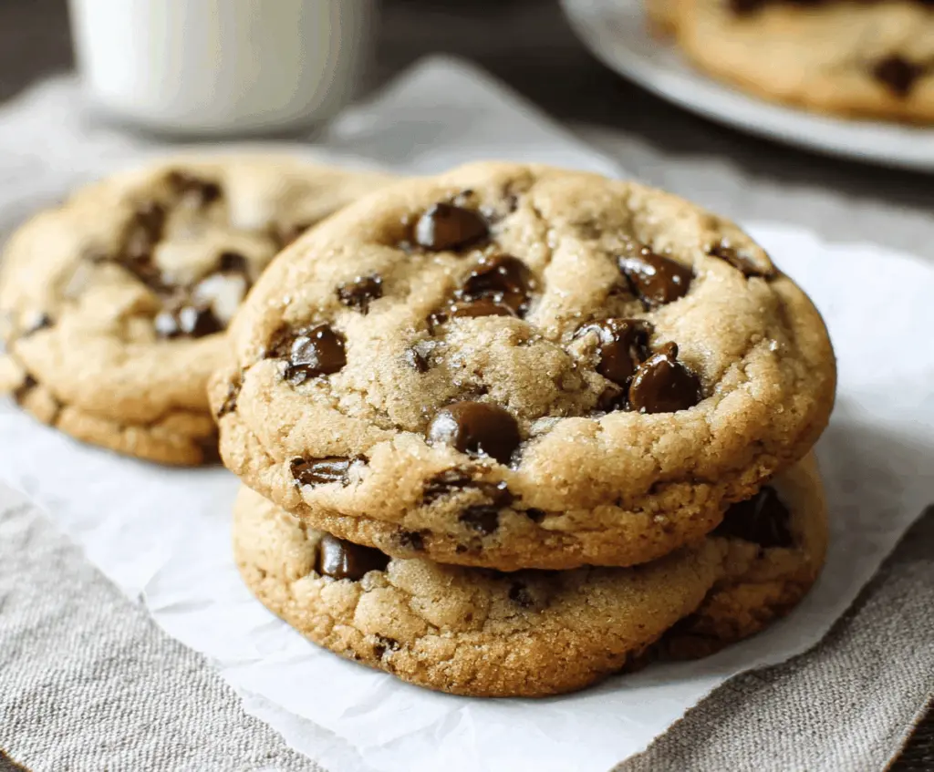Freshly baked chocolate chip cookies on a baking tray, gooey and golden brown.