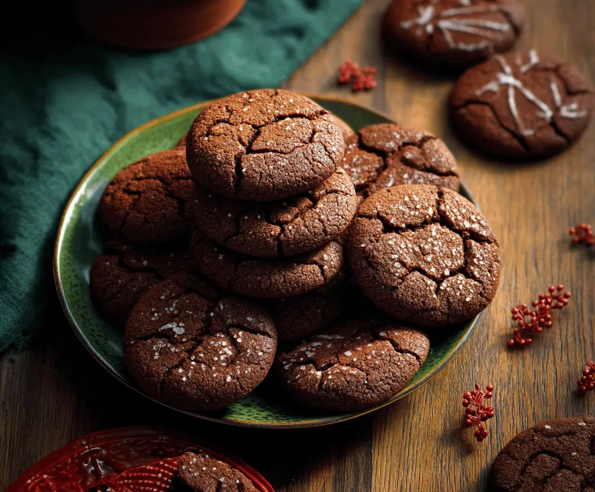 Delicious homemade chocolate gingerbread cookies garnished with festive sprinkles on a holiday plate.