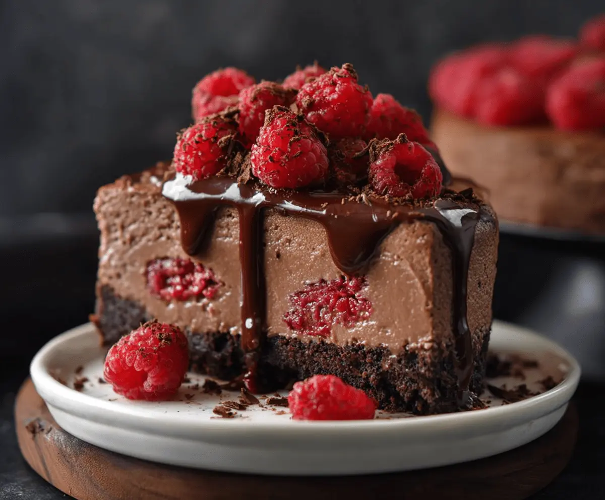 Delicious chocolate raspberry cheesecake with a creamy texture and vibrant berry topping