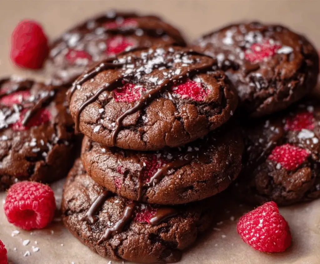 Delicious homemade chocolate raspberry cookies on a white plate, showcasing rich chocolate and fresh raspberries.