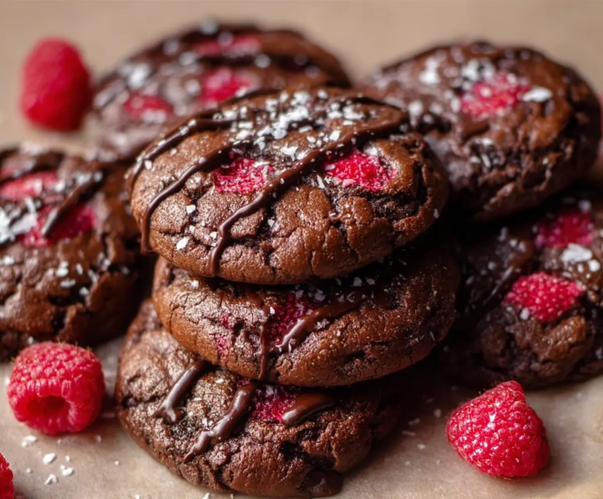 Delicious homemade chocolate raspberry cookies on a white plate, showcasing rich chocolate and fresh raspberries.