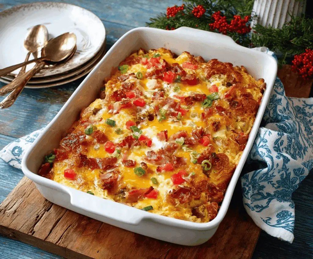 Delicious Christmas Breakfast Casserole with eggs, cheese, and festive toppings for a holiday morning feast