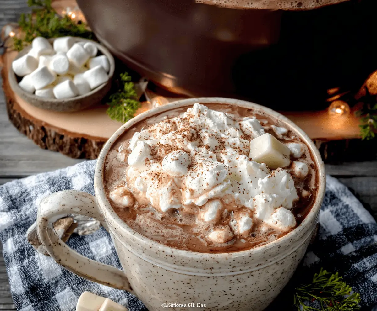 Warm and creamy Christmas Eve Crockpot Hot Chocolate topped with whipped cream and festive sprinkles.