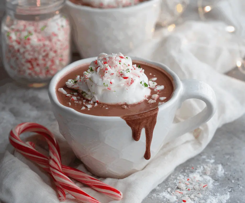 A cozy mug of Christmas Peppermint Hot Chocolate topped with whipped cream and peppermint candies.