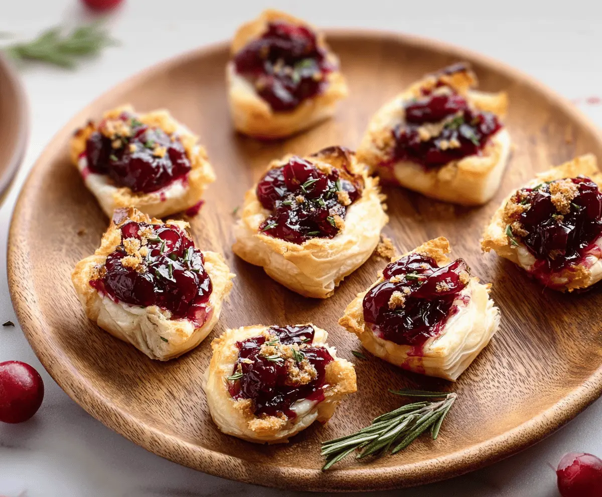 Delicious Cranberry Brie Bites featuring creamy brie cheese topped with fresh cranberries and a crispy pastry shell.