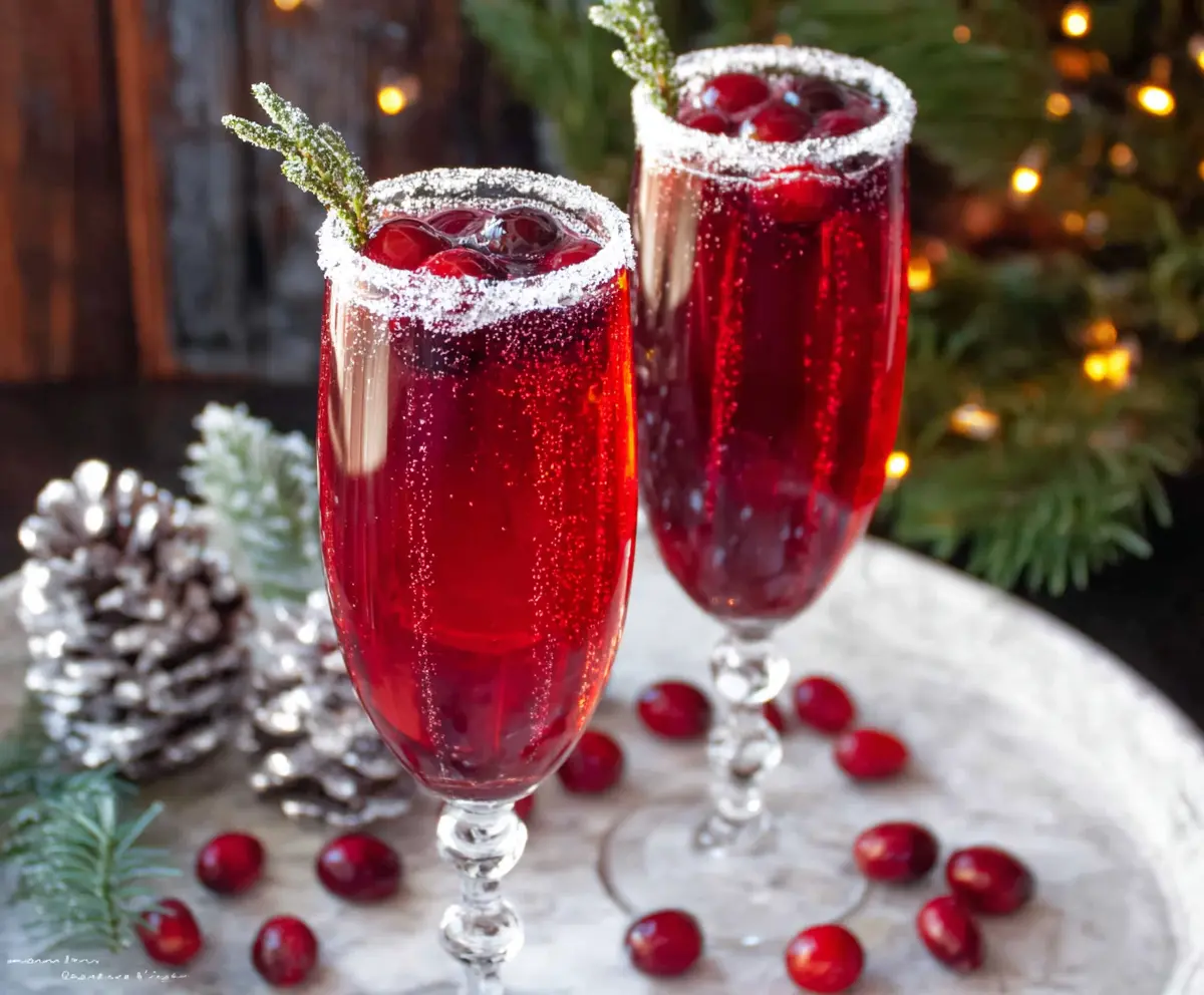 Festive Cranberry Christmas Mimosa with fresh cranberries and orange slices for holiday celebration.