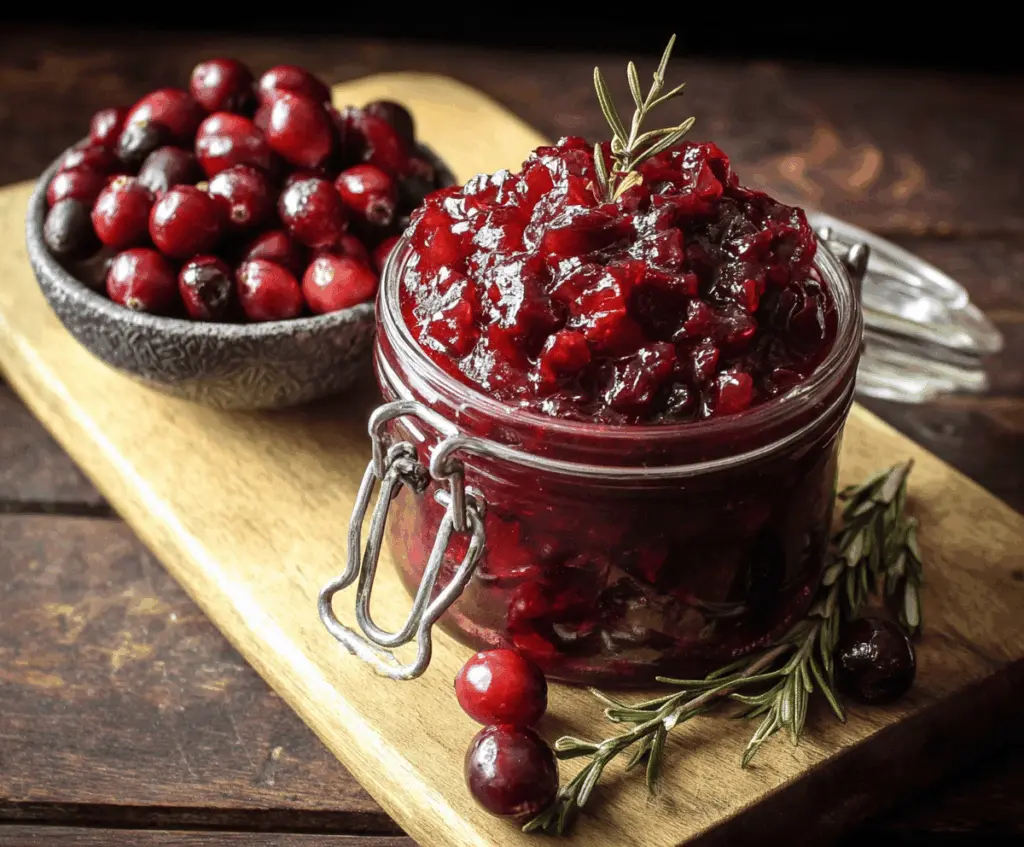 Close-up of a jar of homemade cranberry chutney with fresh cranberries and spices.
