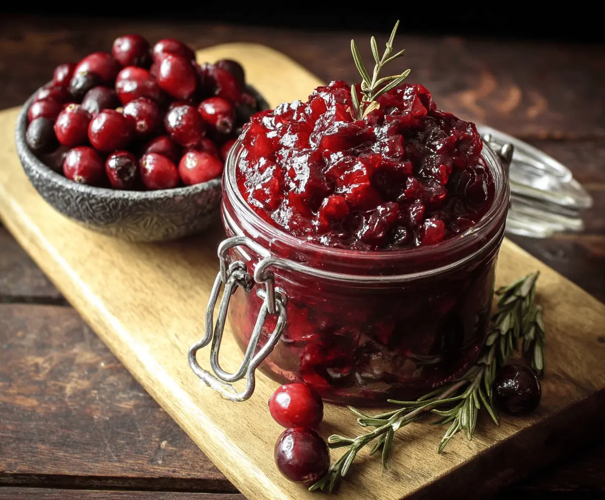 Close-up of a jar of homemade cranberry chutney with fresh cranberries and spices.
