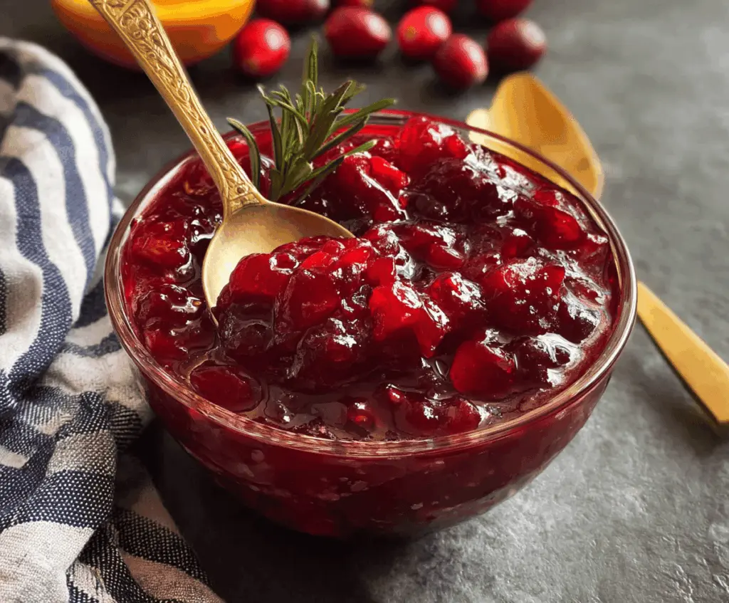 Bright and tangy cranberry mango sauce served in a bowl, perfect for holiday desserts and poultry recipes.