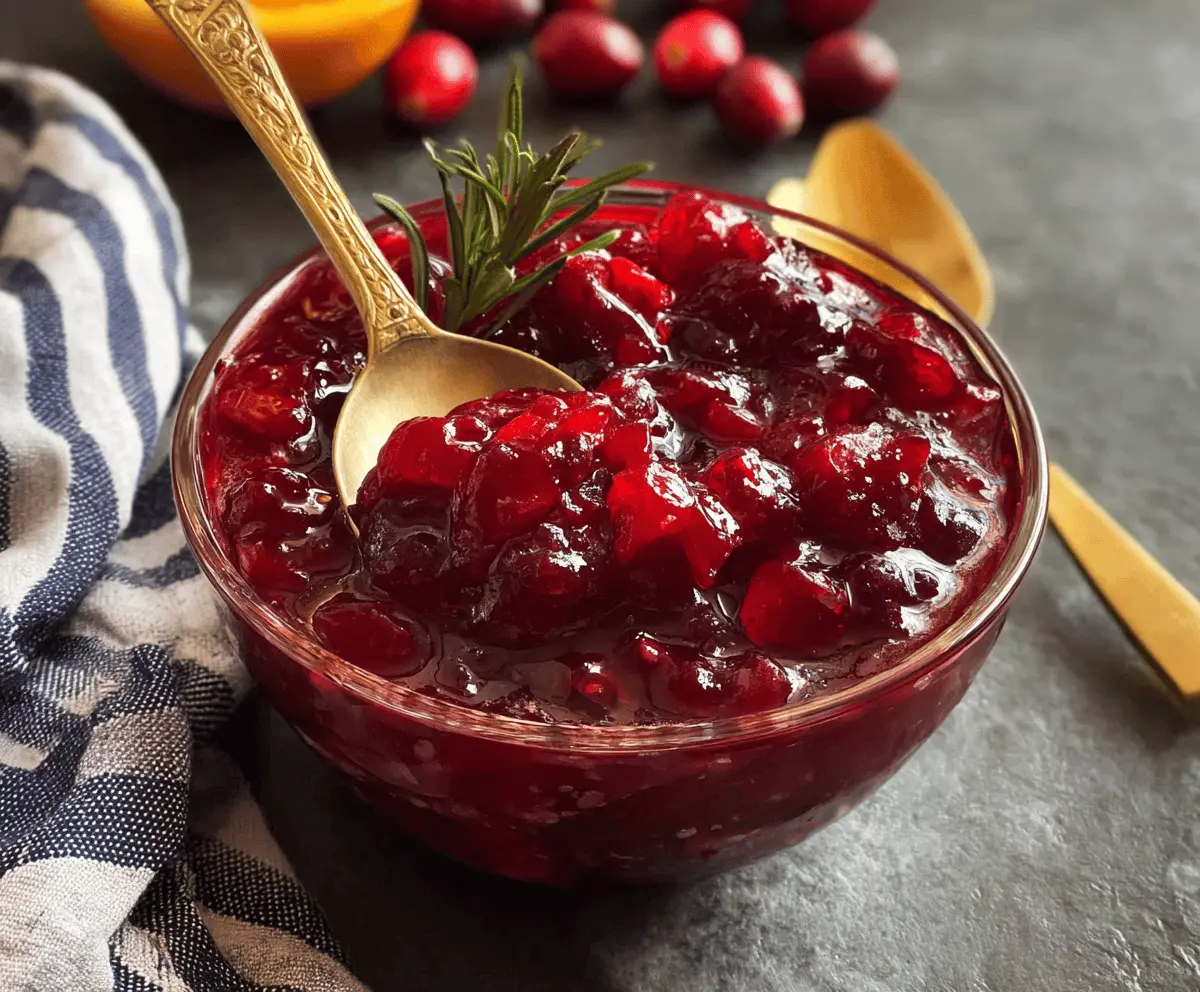 Bright and tangy cranberry mango sauce served in a bowl, perfect for holiday desserts and poultry recipes.