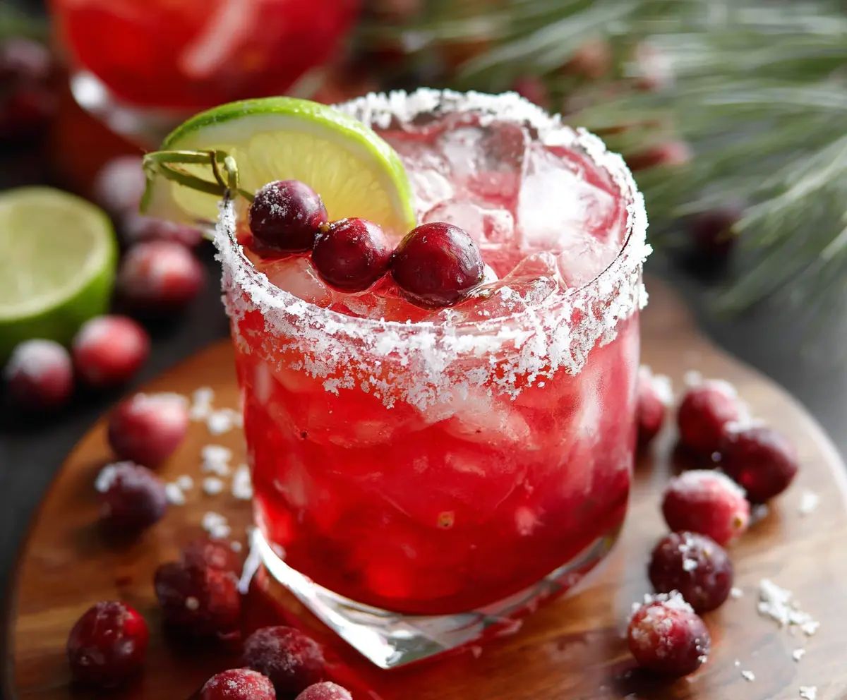 Cranberry Margarita in a glass with fresh cranberries and lime wedge, perfect for holiday celebrations.