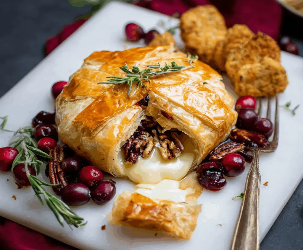 Delicious cranberry and pecan Brie wrapped in flaky puff pastry, perfect for holiday appetizers.