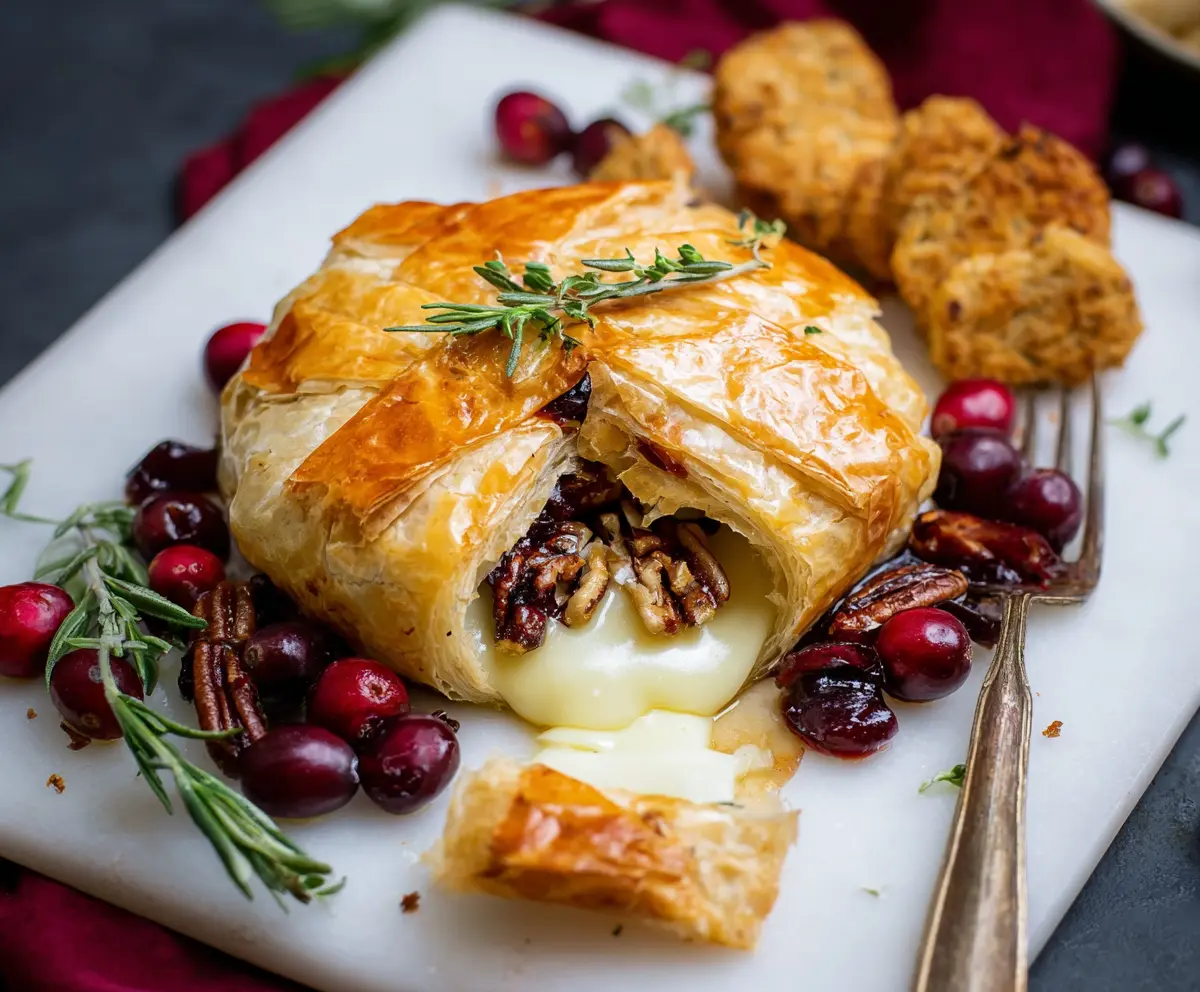 Delicious cranberry and pecan Brie wrapped in flaky puff pastry, perfect for holiday appetizers.