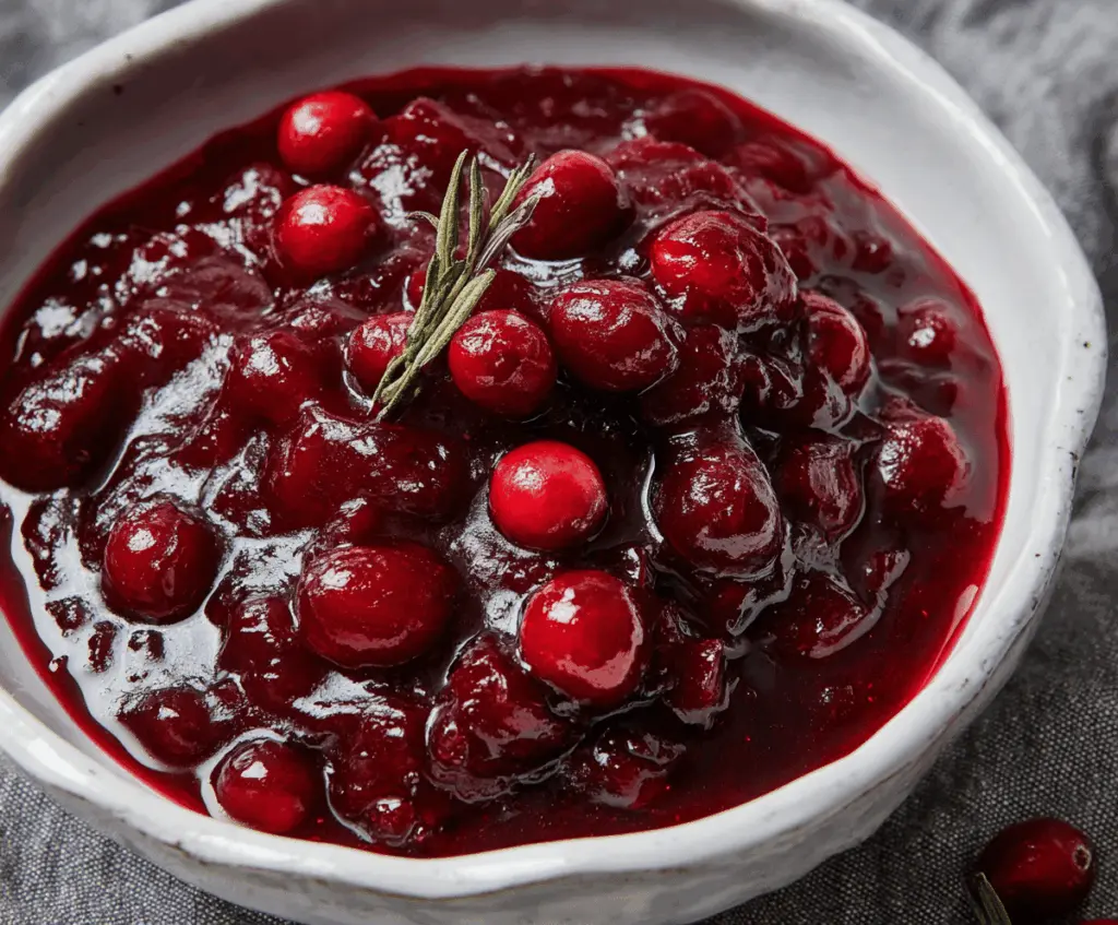 Delicious cranberry red wine sauce served in a glass jar, perfect for holiday dinners and festive occasions.