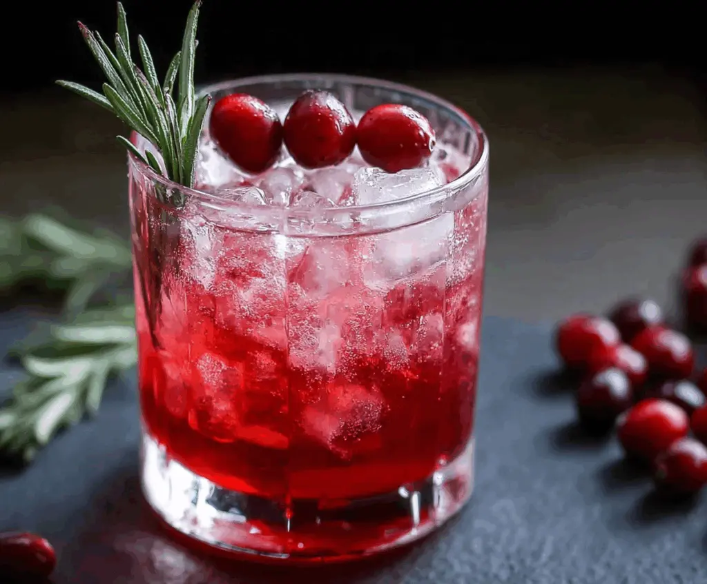 Refreshing cranberry rosemary vodka cocktail served in a glass with fresh cranberries and rosemary sprigs