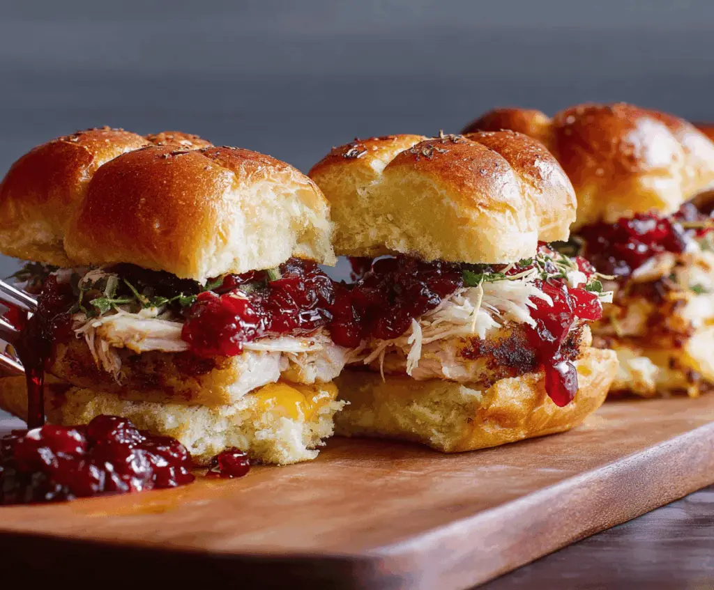 Savory cranberry turkey sliders topped with fresh greens on a platter.