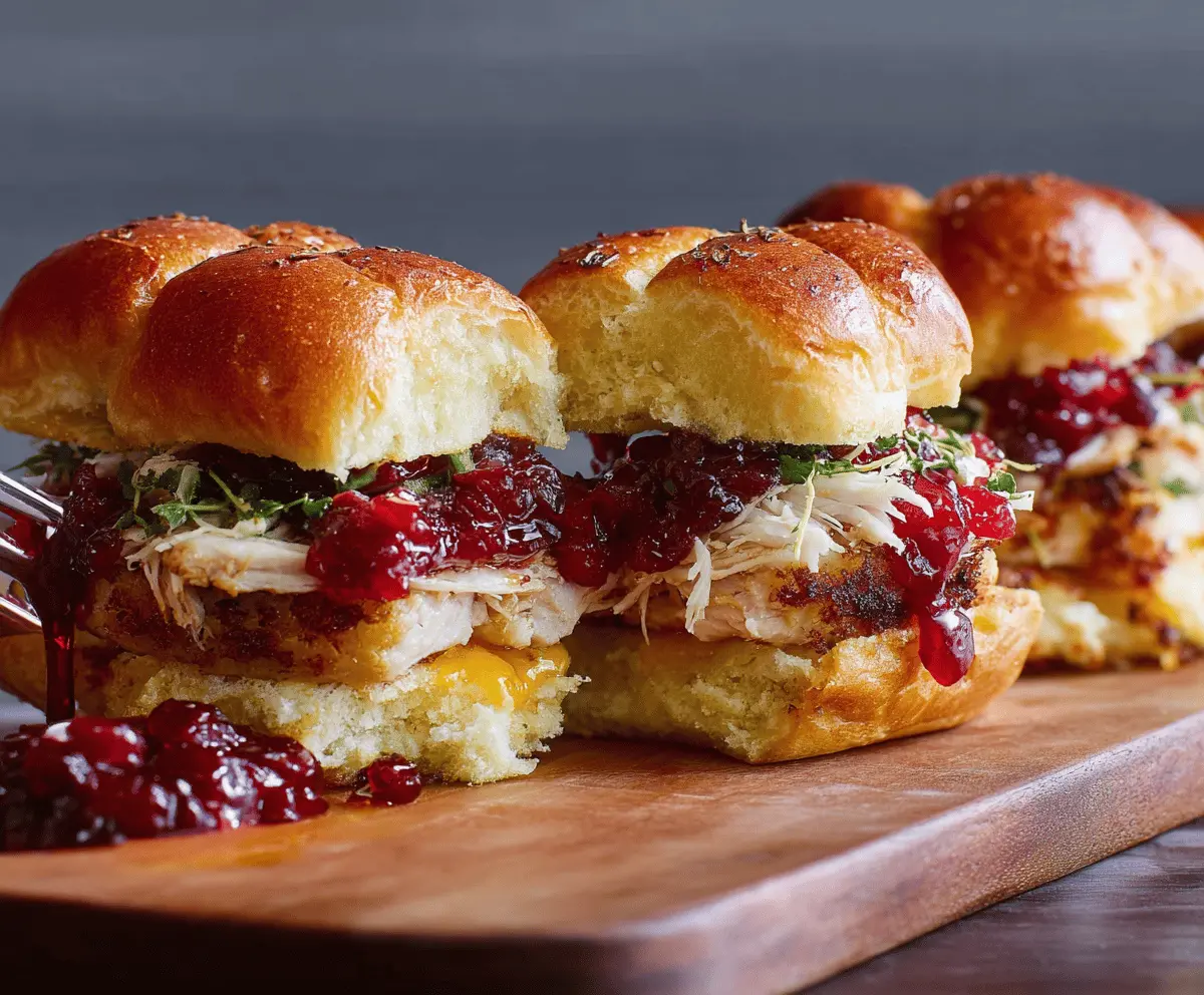 Savory cranberry turkey sliders topped with fresh greens on a platter.